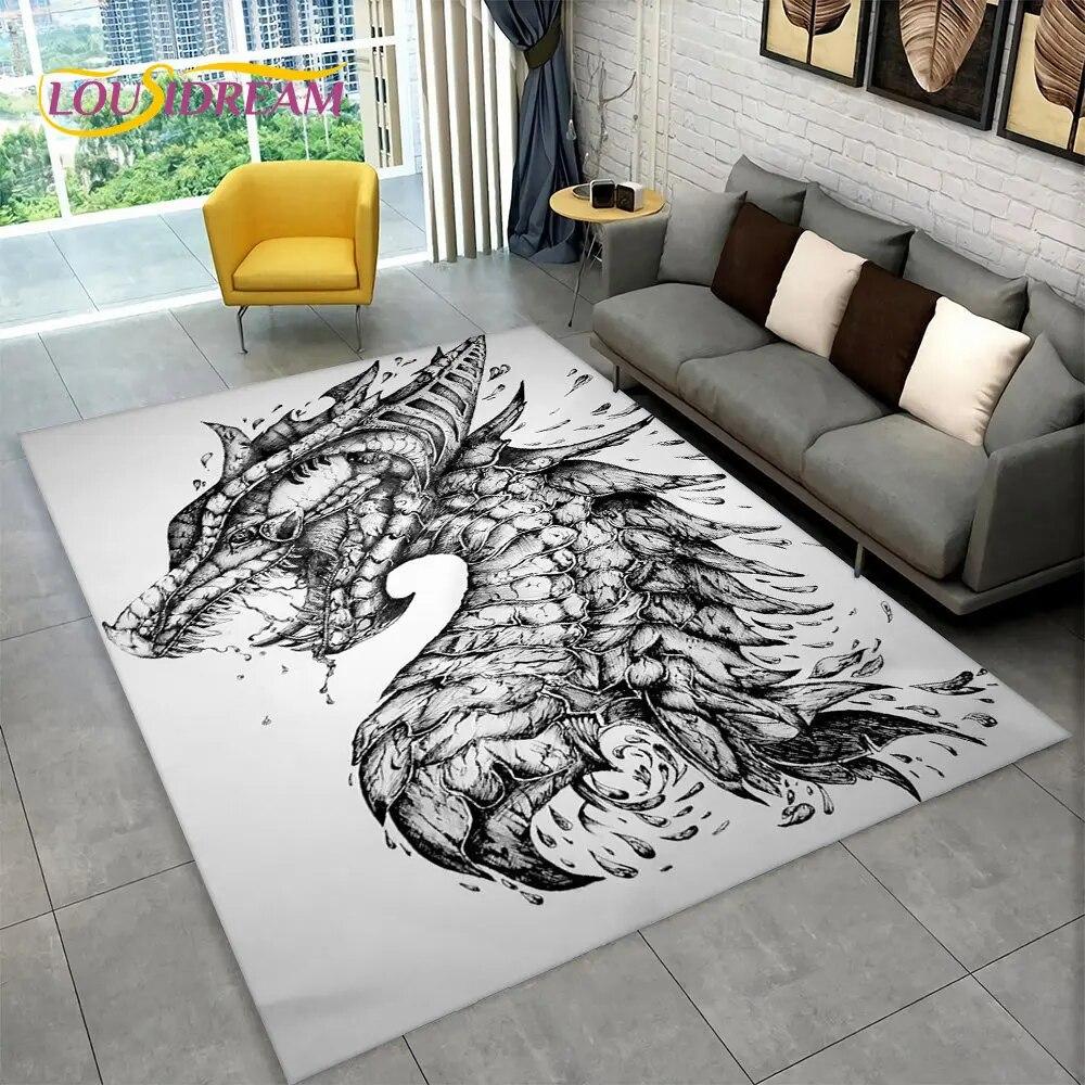 Kreslený Vzor Draka Velký Oblastní Koberec, Koberec pro Obývací Pokoj Ložnici Pohovku Rohožka Kuchyňská Dekorace, Dětská Hrací Protiskluzová Podlahová Podložka