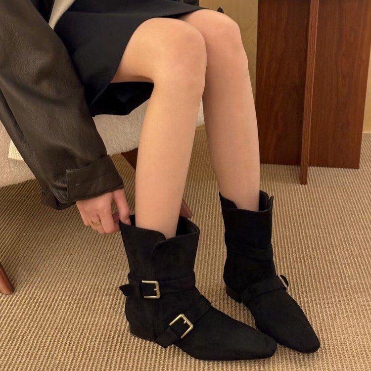 Suede Retro Small Square Head Two Wear Folded Thick Heel Belt Buckle Medium Boots Women's 2025 Autumn and Winter Martin Boots Short Boots