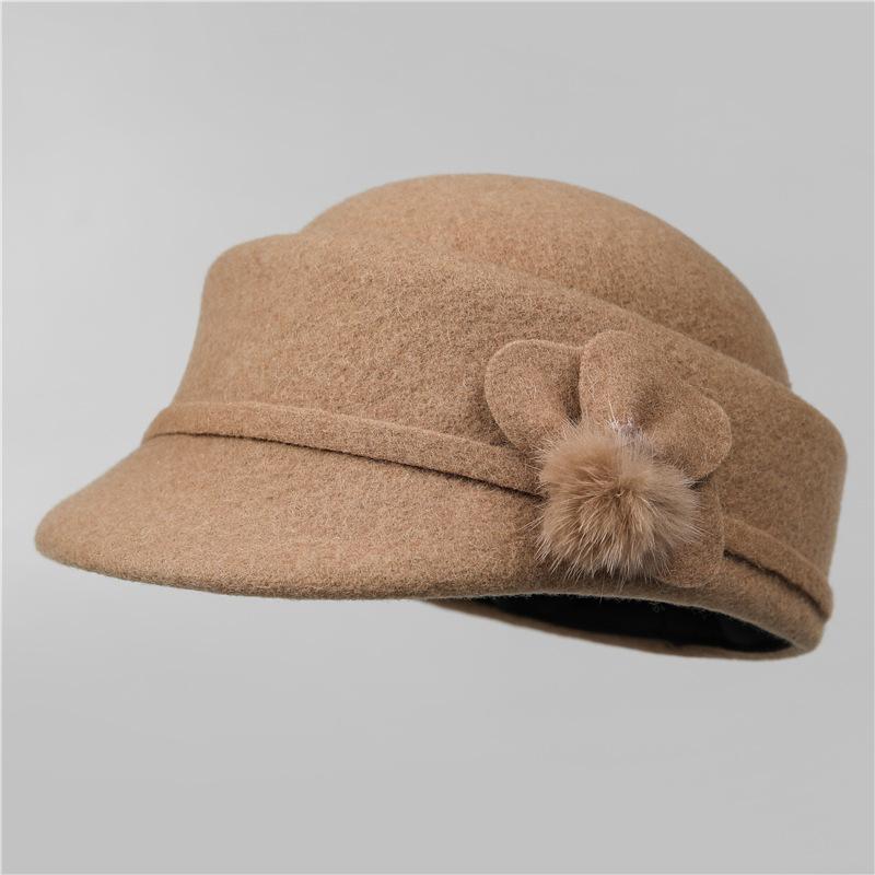 Retro Herbst- und Winter-Damenwolle, elegante dreiblättrige Blume warme kurzkrempige Schirmmütze, kleiner Reiterhut