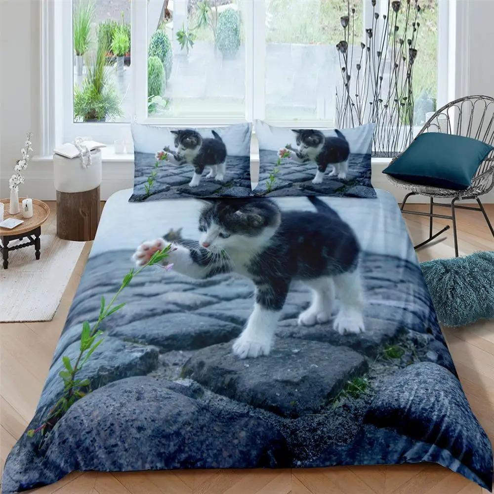 2026 Katzen Bettwäsche Set Haustier Katzen Muster Einzelbett Bettwäsche Set Niedliches Kätzchen Für Polyester Geheimnisvolle Schwarze Katze Kingsize Bettbezug