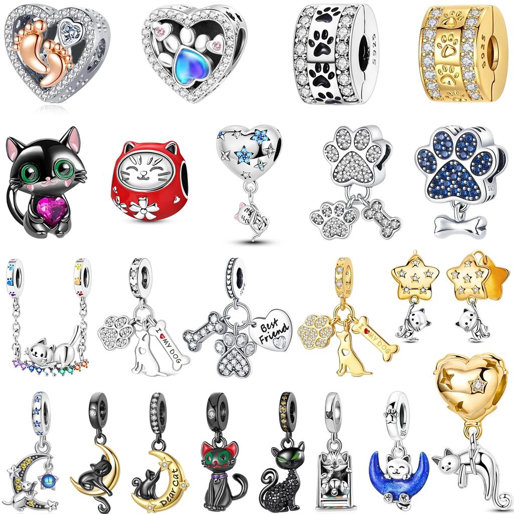Original 925 Silver Cute Black Cat Charms Moon Dog Cat Paws Beads Pendants Rings Fit Bracelet Necklace DIY Jewelry Gift