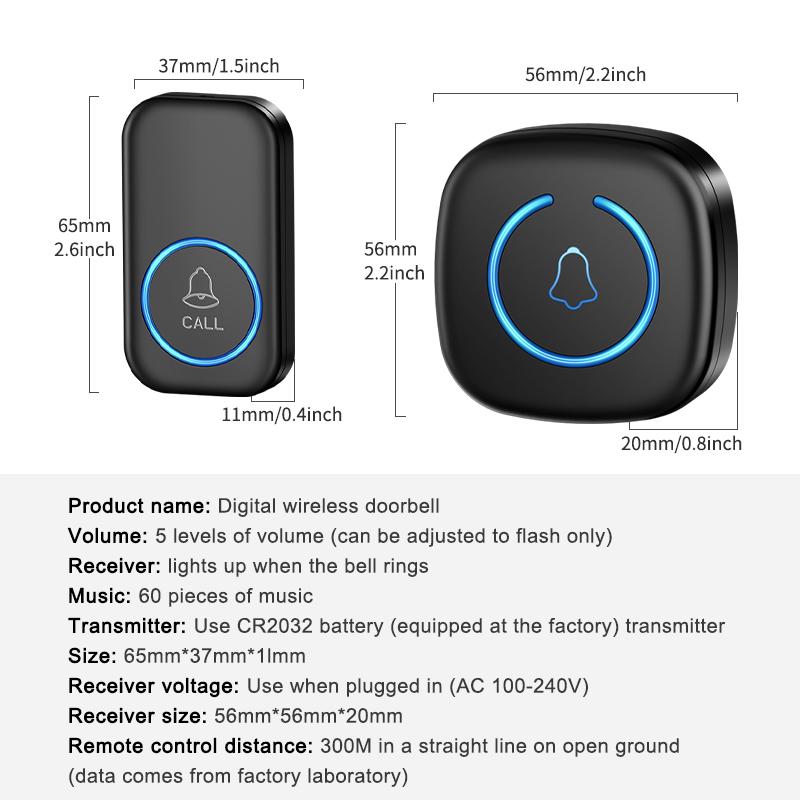 Wireless Doorbell Intelligent Welcome Door  300M/984 FT Remote 60 Songs Melodies Home Smart Doorbell US EU UK Plug Optional