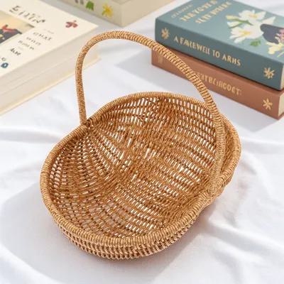 Portable Hand Woven Storage Basket Imitation Rattan Picnic Basket Fruit Vegetable Bread Holder Woven Baskets Fruit Container