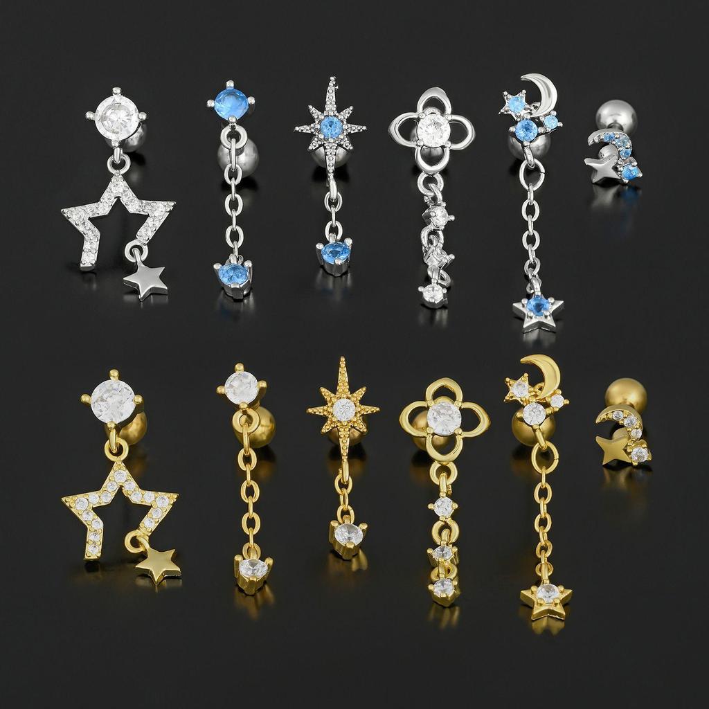 European & American Fashion Tassel Star Moon Zircon Geometric Ear Cuff & Studs for Sleeping