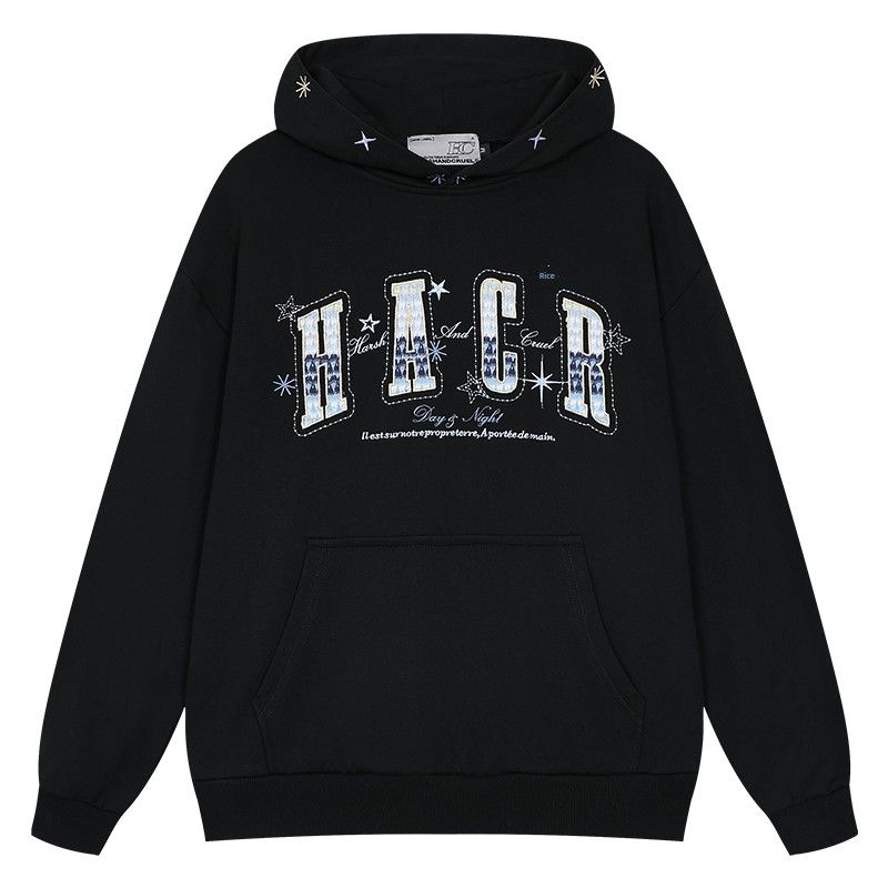 Hacr Ethnic Style Woven Patch Gradient Embroidery Hooded Sweatshirt, Loose Fit National Trend Brand Couple Hoodie for Spring and Autumn