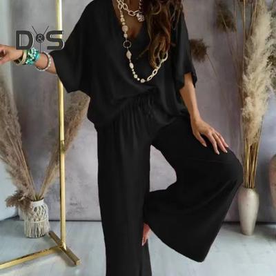 2Pcs/Set Women Summer V Neck Batwing Half Sleeve Tops High Waist Elastic Waistband Wide Leg Long Pants Solid Color Loose Fit Casual Outfit