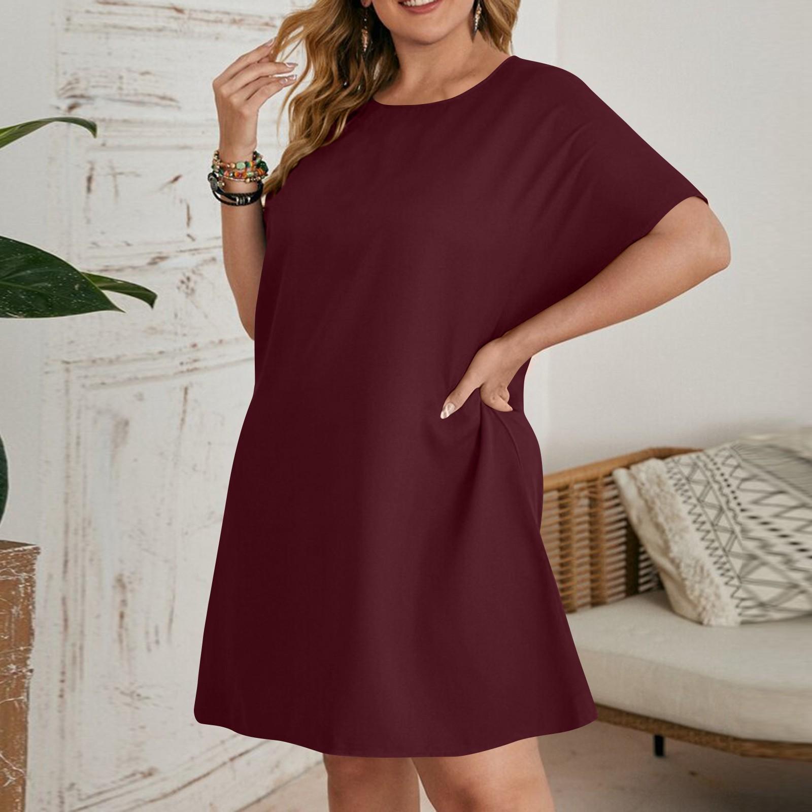 

Женские летние свободные платья-рубашки с коротким рукавом и круглым вырезом, однотонные, большого размера XL винный