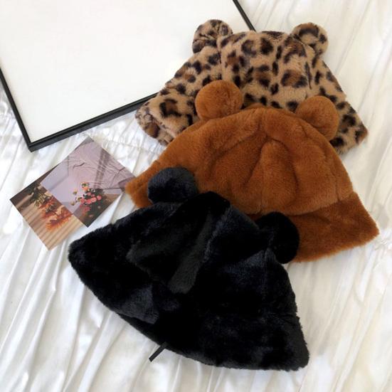 Sombrero de Pescador Orejas de Oso Bola de Felpa Engrosada Otoño Invierno Leopardo Bola de Felpa Gorro Cubeta para Exteriores