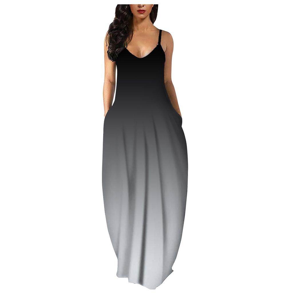 Women Gradient Sleeveless V Neck Maxi Dress Casual Sundress Beach Long Dres