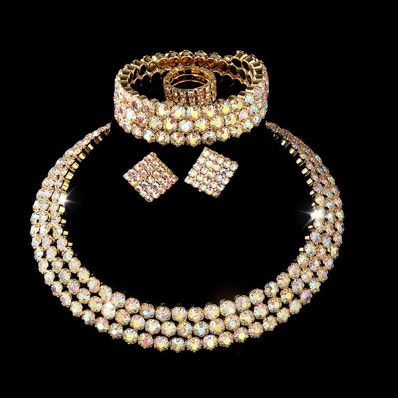 Diamond Necklace Earrings Ring Bracelet Four-Piece Set, Bridal Rhinestone Jewelry Set Ornament