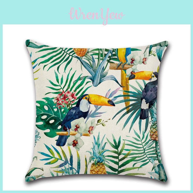 Classic 18'' Green Tropical Plant Cotton Linen Cushion Cover For Stylish Living