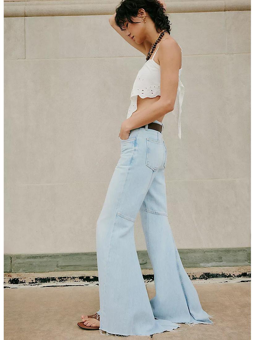 

Women s High-Waisted Patchwork Bell Bottom Denim Pants - Floor-Length Fashionable European American Style Extra Large світло-синій колір