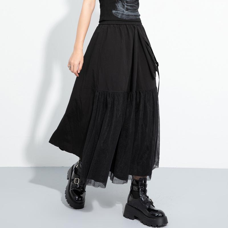 Dark Style A-Line Mesh Patchwork Skirt: Casual, Mid-Length, Elastic Waist, Irregular Flare