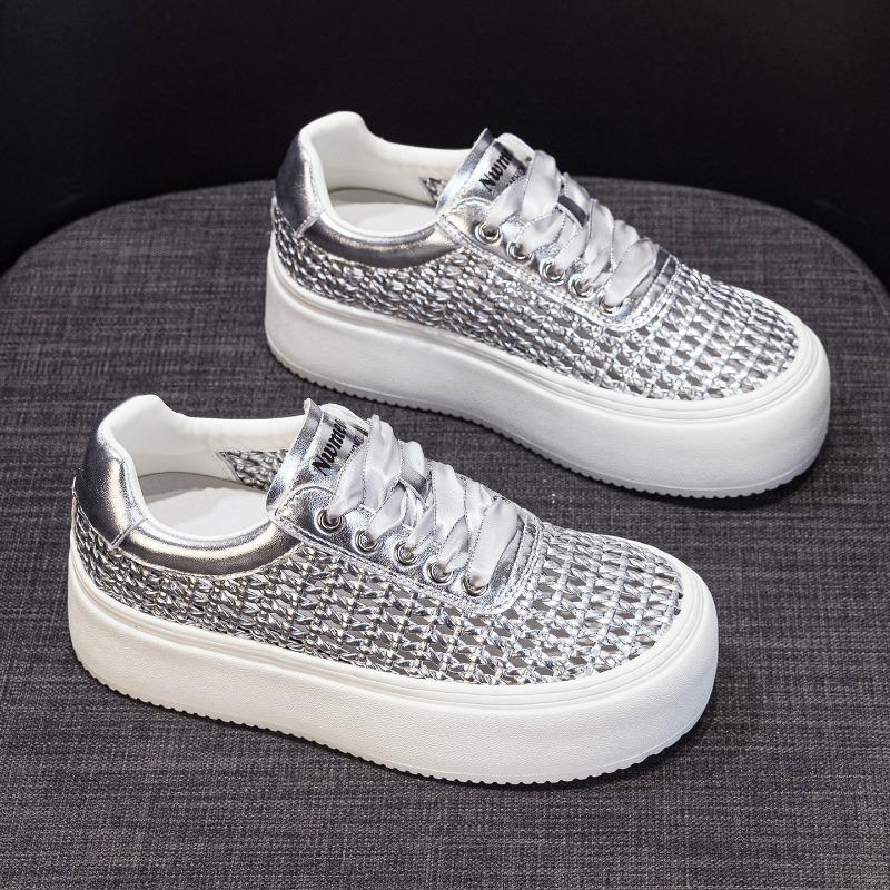 Thick-soled woven little white shoes women's summer new ultra-light height-increasing versatile hollow mesh casual shoes