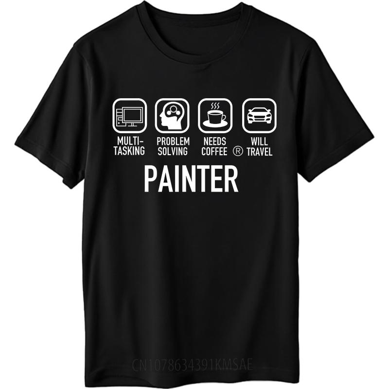 Neu eingetroffen Für ihn Rundhals-T-Shirt Baumwolle Multitasking Problemlösung Braucht Kaffee Wird reisen Maler Alltags Damen Oberteil