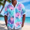 Men's Neon Print Short Sleeve Shirt, Casual Hawaiian Button Down Top, White Base with Pink Blue Accents for Spring & Summer