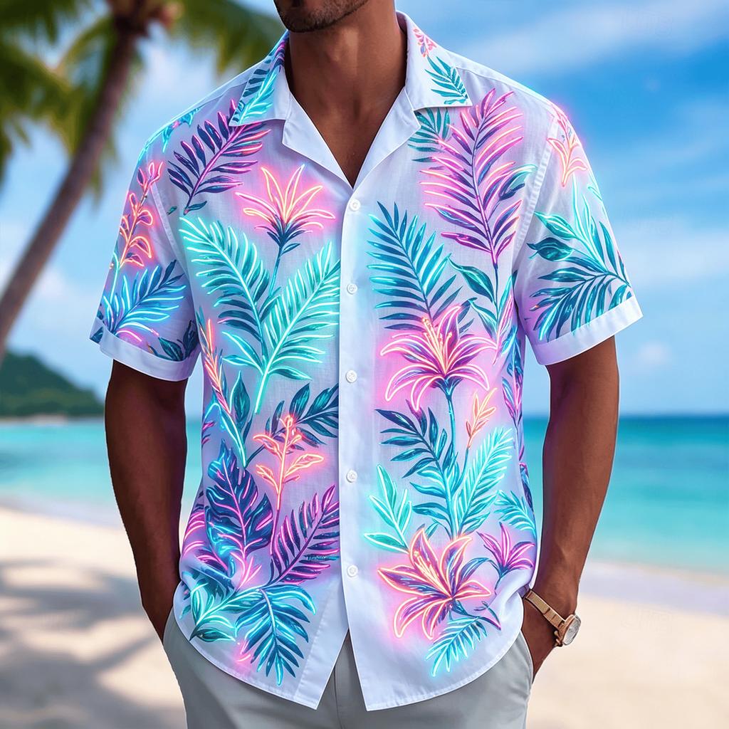 Men's Neon Print Short Sleeve Shirt, Casual Hawaiian Button Down Top, White Base with Pink Blue Accents for Spring & Summer