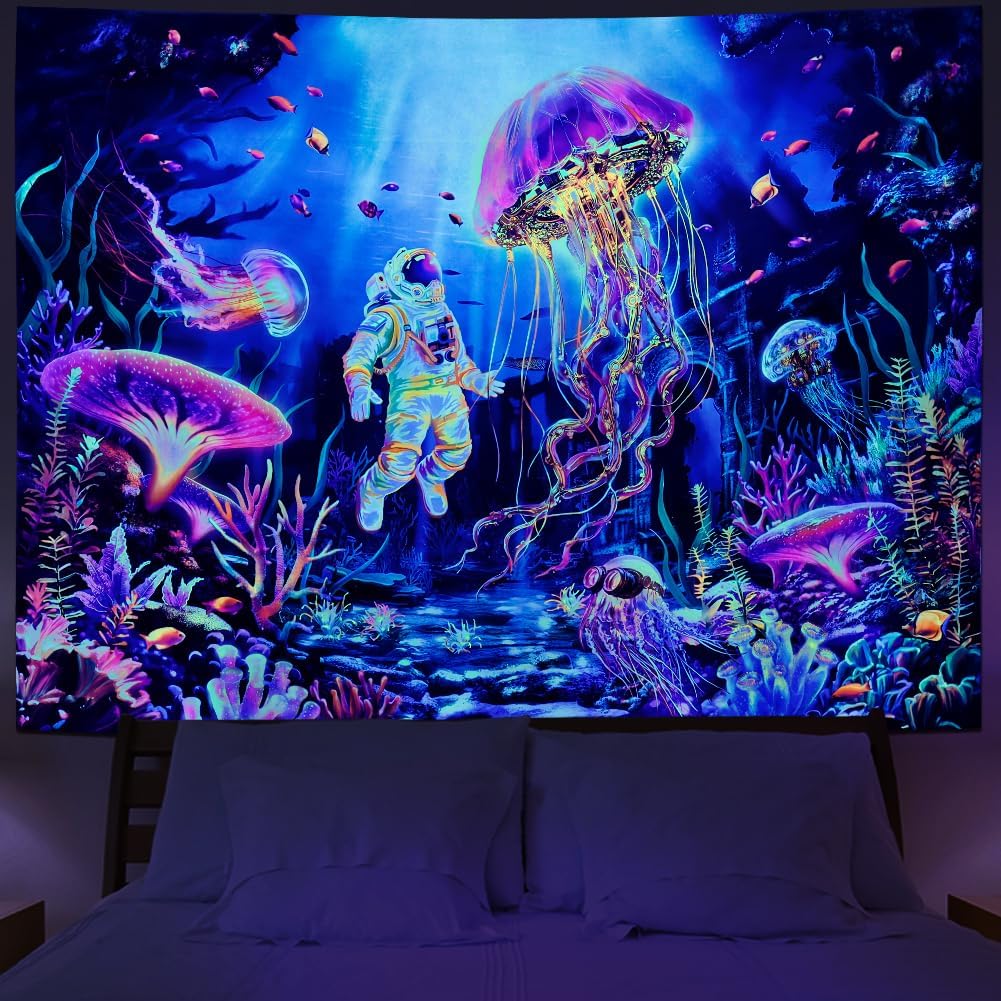 Lahasbja Blacklight Astronaut Tapestry UV Reactive Jellyfish Wall Hanging Fantasy Under The Sea World Wall Tapestries Aesthetic Neon Coral Plants