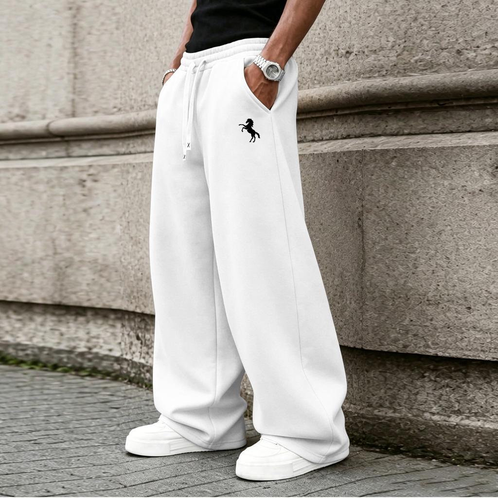 Loose-fitting men's straight-leg sweatpants with a drawstring waist feature convenient pockets, perfect for both home and on-the-go