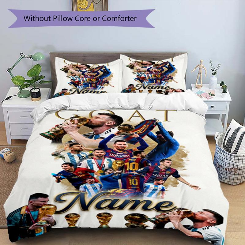 Messi Soccer Goat Name Personalized Name Bedding Set,Comfort Bed Linen for Boys Room Decoration,Perfect Gift for Match Fans,Wrinkle Resistant Duvet Co