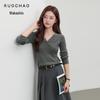 Sancai Women's Winter V-Neck Ruffled Slim-Fit Knit Sweater