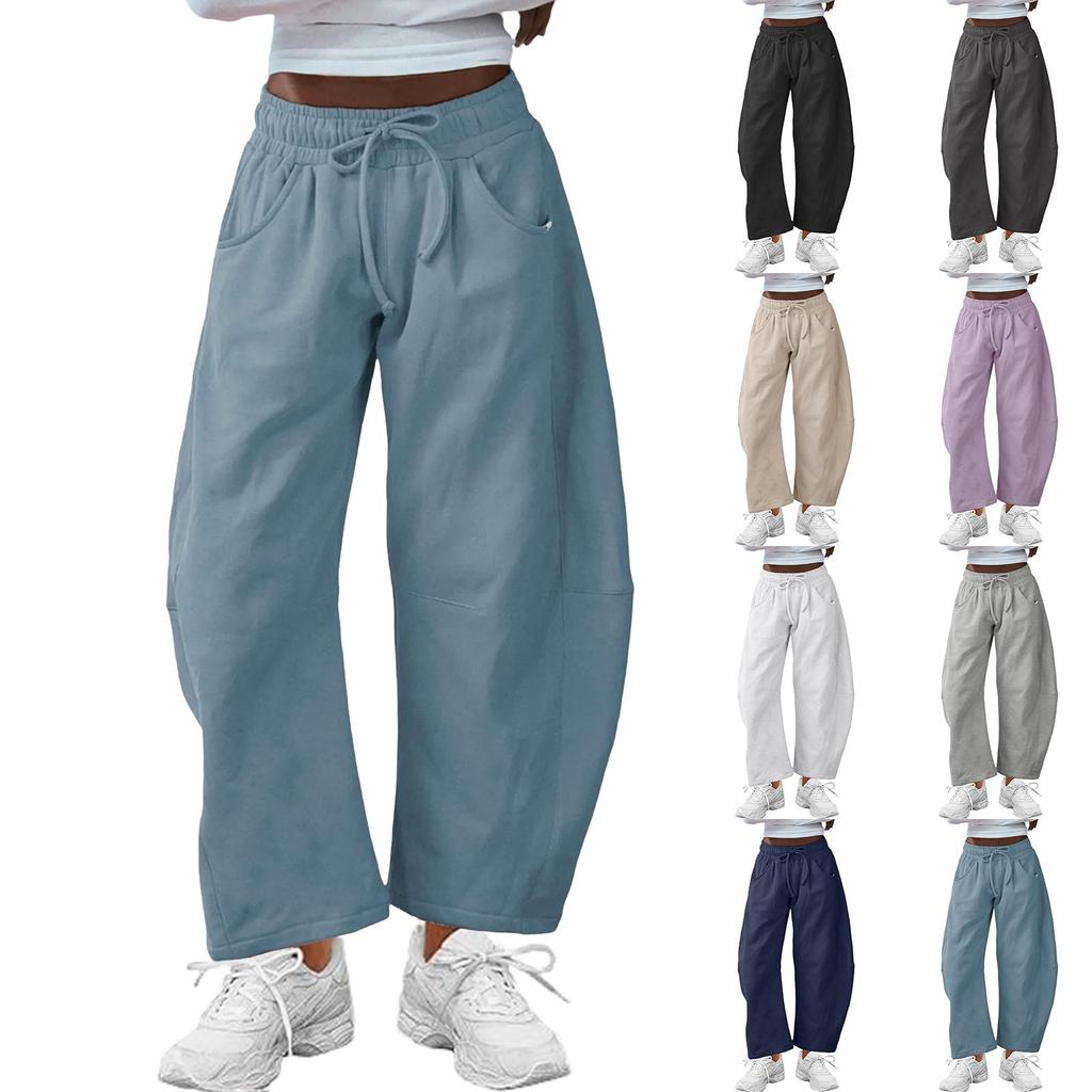 Women's Barrel Leg Sweatpant Drawstring Elastic Waisted Wide Leg Pants Casual Cotton Palazzo Trousers With Pockets