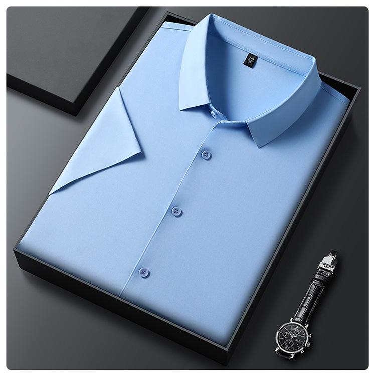 Men's Seamless Short-Sleeve Ice Silk Formal Shirt - Summer 2026, Non-Iron, Solid Color, Business Casual.