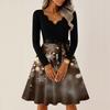 Women's Casual Fashion V-neck Long Sleeved Retro Christmas Print Retro Dress