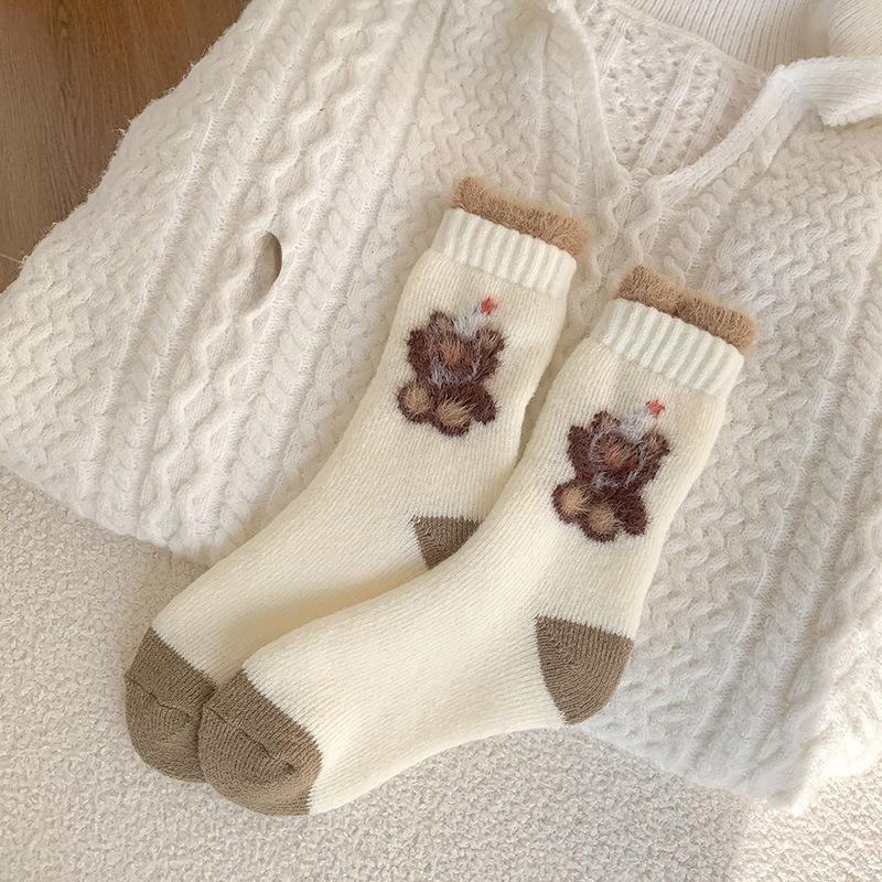 Super Thick Wool Socks, Double Flared Women's Autumn and Winter Thickened Mid-calf Socks, Warm Long Socks, Cartoon Long Calf