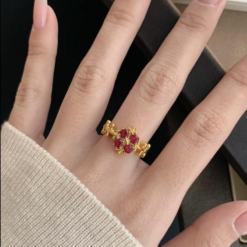 Ruby Red Four-Leaf Clover Necklace & Ring Set for Women