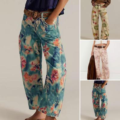 Barrel Jeans für Damen Blumenmuster Boyfriend Baggy Jeans Lässig Mittelhoch Weites Bein Denim Knöchellange Hose