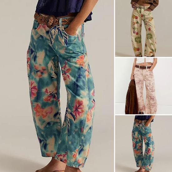 Barrel Jeans for Women Floral Print Boyfriend Baggy Jeans Casual Mid