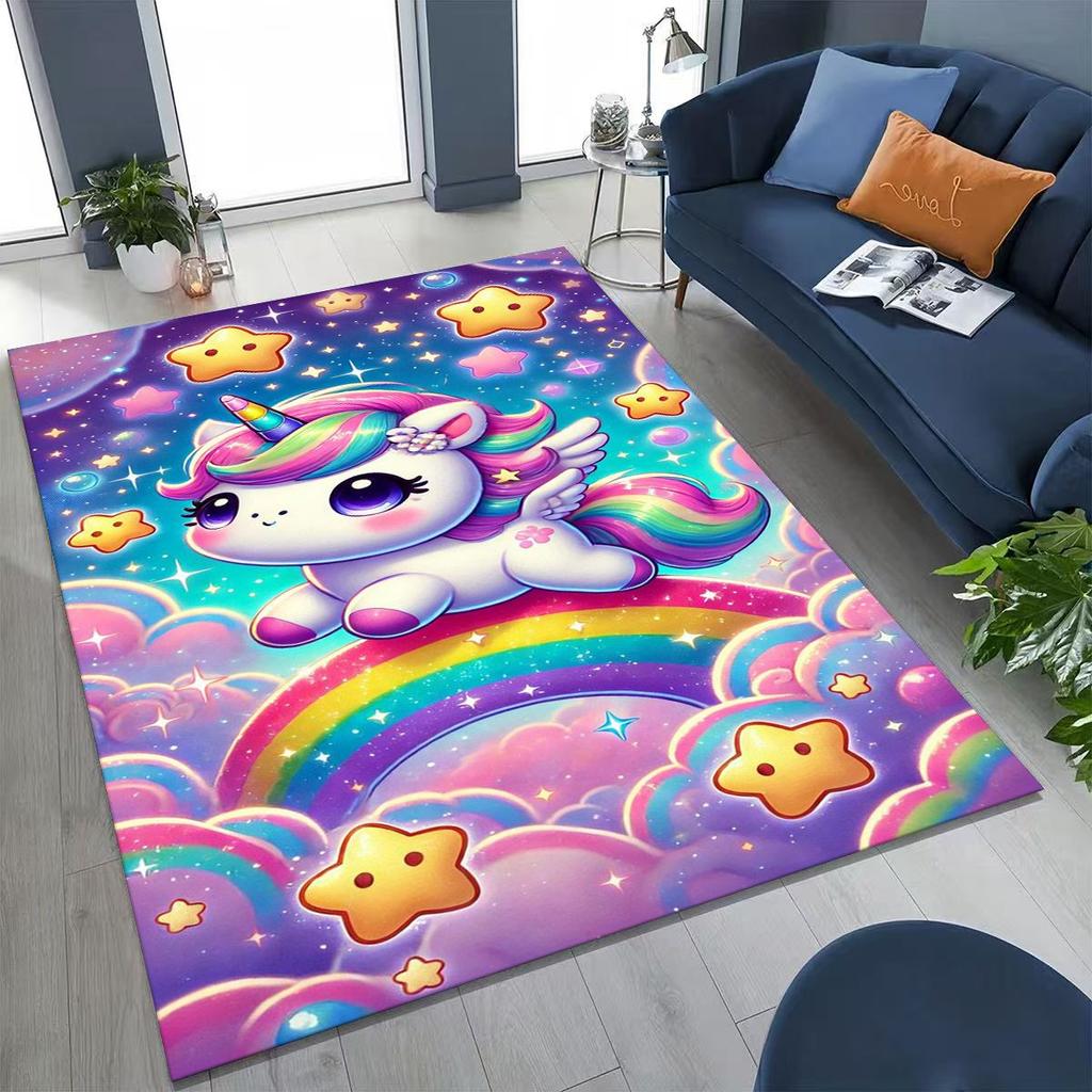 Cartoon Rainbow Unicorn Elves Girl Gift Rug for Bedroom Living Room Sofa Home Doormat Decor, Large Kid Play Non-slip Floor Mat