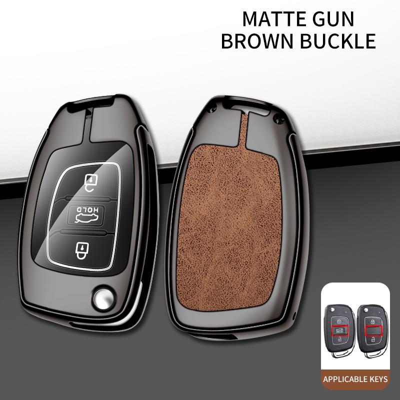 Metal Leather Car Key Case For Hyundai Solaris 2 Elantra I30 I35 I40 Tucson Kona     Key Chain Accessories