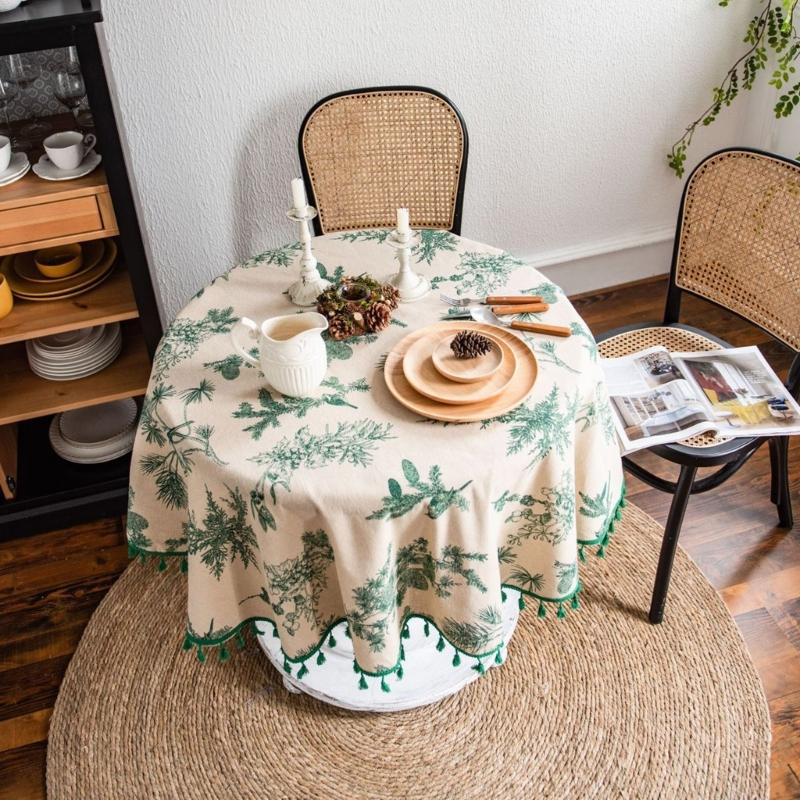 Round Tablecloth 59Inch Cotton Table Cloth Decorative Table Cover for Kitchen Dining Table Buffet Parties and Camping