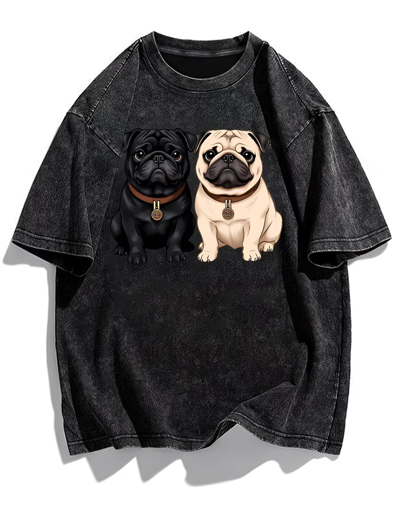 Cute Pug Dog Graphic Tee Washed Cotton TShirt Retro Pet Lover Gift Top Funny Pug Portrait Tshirt Casual Short Sleeve Shirt S