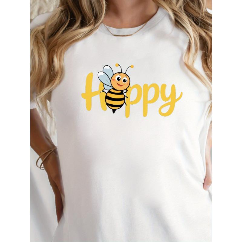 Cute Happy Letter Joyful Bee Pattern Printed Summer Casual Women's Short Sleeve Round Neck T-shirt Daily Top Women's Clothing
