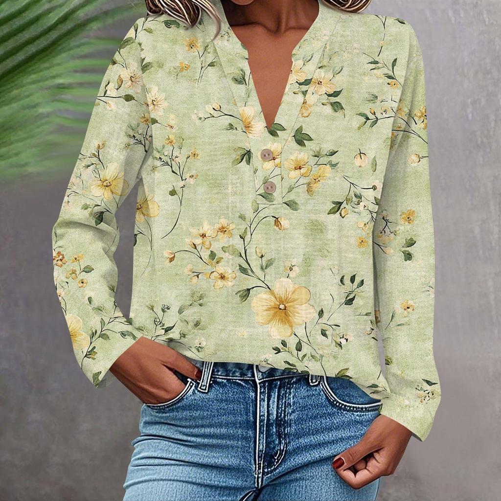 Women's Fashionable And Casual Shirt Long Sleeve V-neck Button Printed Blouse Top
