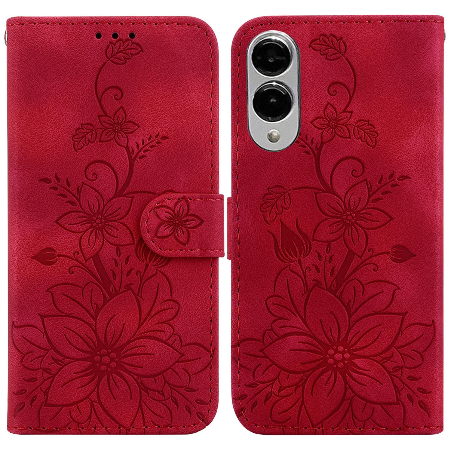 

For Samsung Galaxy S25 Edge Case Lily Flower Imprint Leather Phone Cover with Stand Red