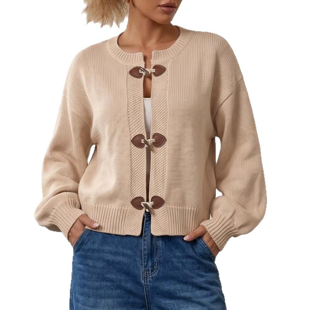 Vintage Horn Button Knit Cardigan Women Casual Button Up Loose Sweater Coat for Fall Winter Daily Wear Shopping Party Street Fashion