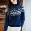 Women's Retro Fair Isle Pure Wool Sweater - Half-High Collar, Loose, Versatile Winter Knitwear