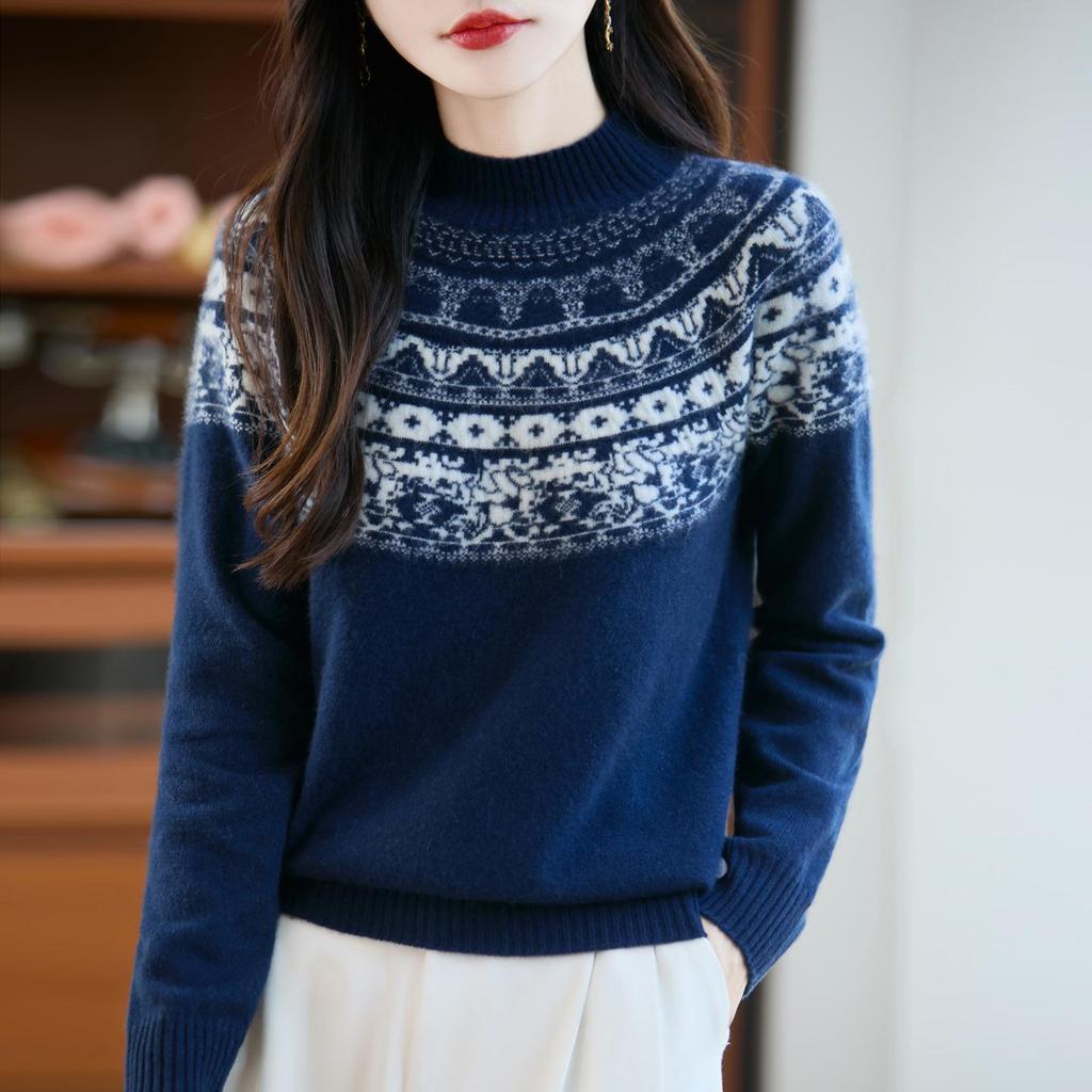 Women's Retro Fair Isle Pure Wool Sweater - Half-High Collar, Loose, Versatile Winter Knitwear