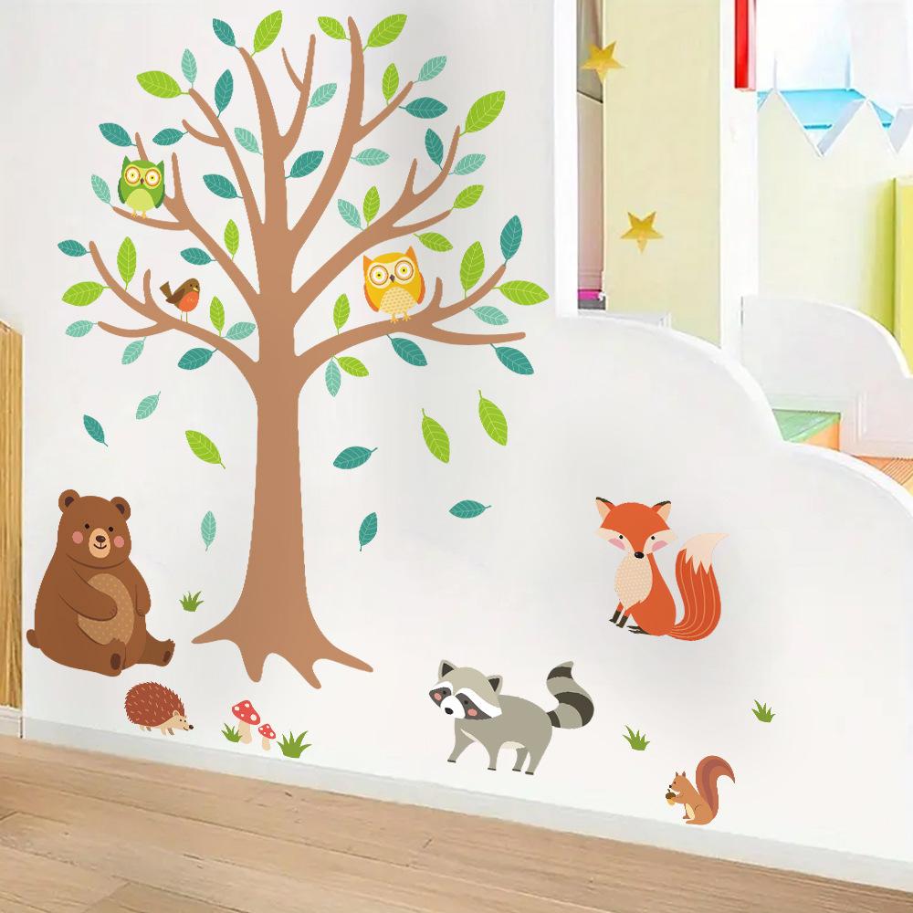 Cartoon Waldtier Baum Wandaufkleber für Kinderzimmer Schlafzimmer Wanddekoration