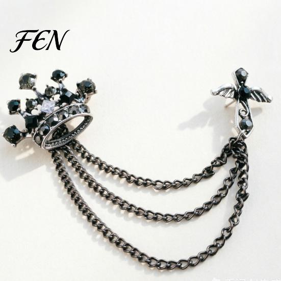 Dark Light Zircon Brooch Men's Pin with Chain, British Crown Cross Angel Lapel Pin, Rhinestone Suit Cool Tone Silver Badge Tassel Chain for
