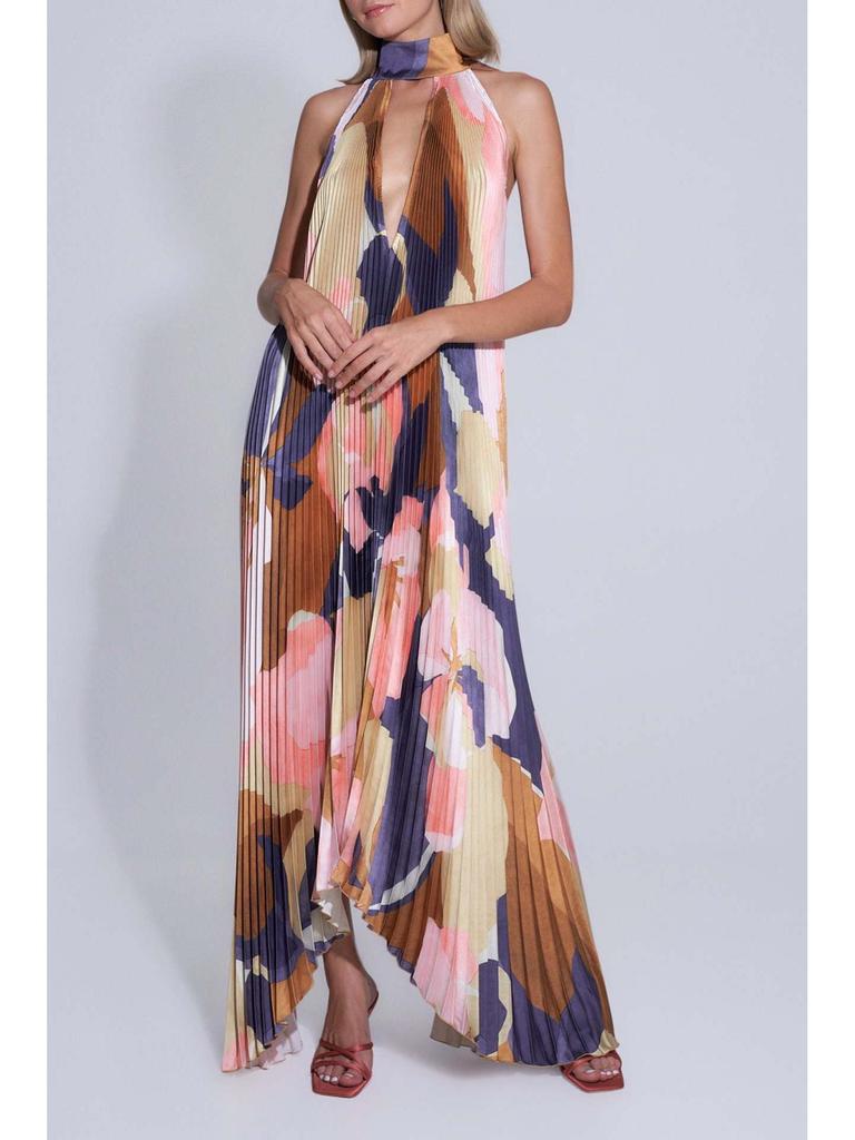 Sommer Neckholder Tiefes V Rückenfrei Ärmellos Floral Plissiertes Schwingkleid