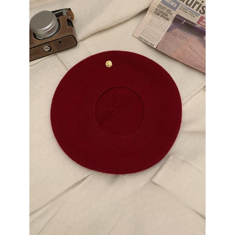 New Ankora Red Wool Knitted Beret Women's Autumn and Winter Style Big Head Circumference Showing Face Little Painter's Hat