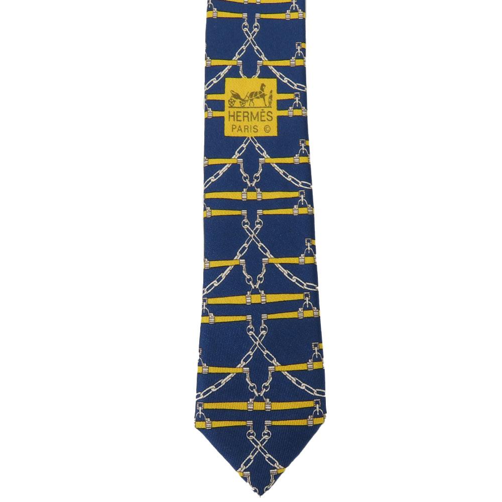 Used HERMES Tie Silk Navy Yellow Overall Handle