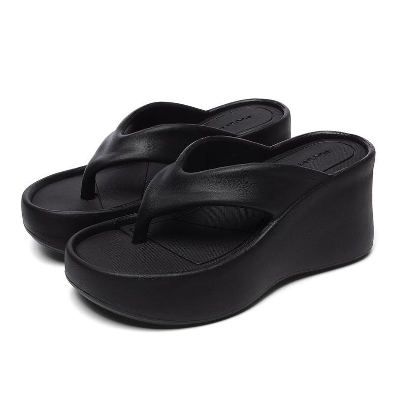 

Туфли с елочкой на толстой подошве с клиновидным носком для женщин, летняя одежда для отдыха на открытом воздухе, сандалии, увеличивающие рост, износостойкие пляжные тапочки с зажимом для носка и стопы 36/37 чёрный