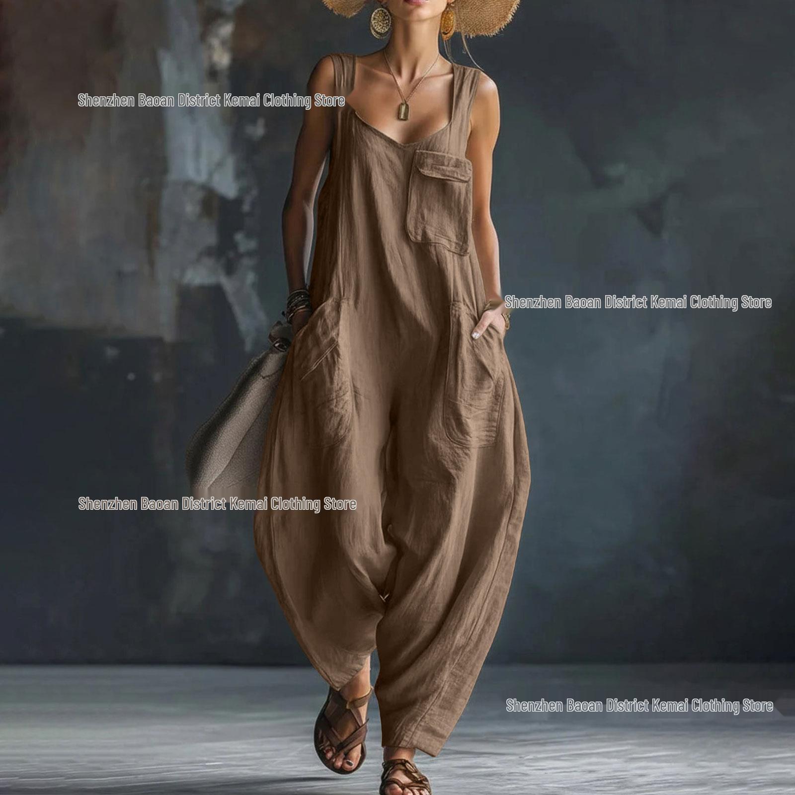 

2026 Summer Loose Casual Strappy Jumpsuit: Comfortable and Stylish for European and American Trends XL темного кольору хакі