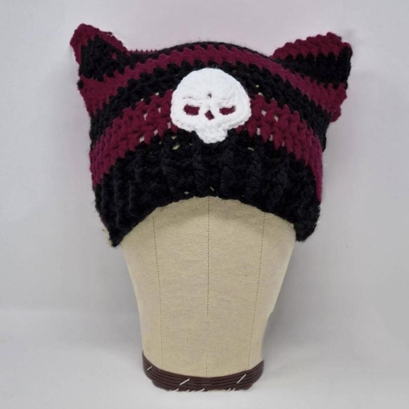 Y2K Anime Ear Cap Windproof Hat Female Beanie Headwear Handcrochet Pullover Hat